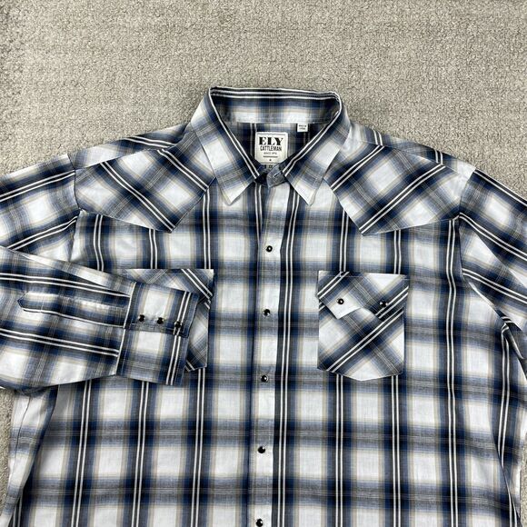 Ely Plains Western Shirt Mens Sz XXL Blue White Black Plaid Pearl Snap - Picture 1 of 13